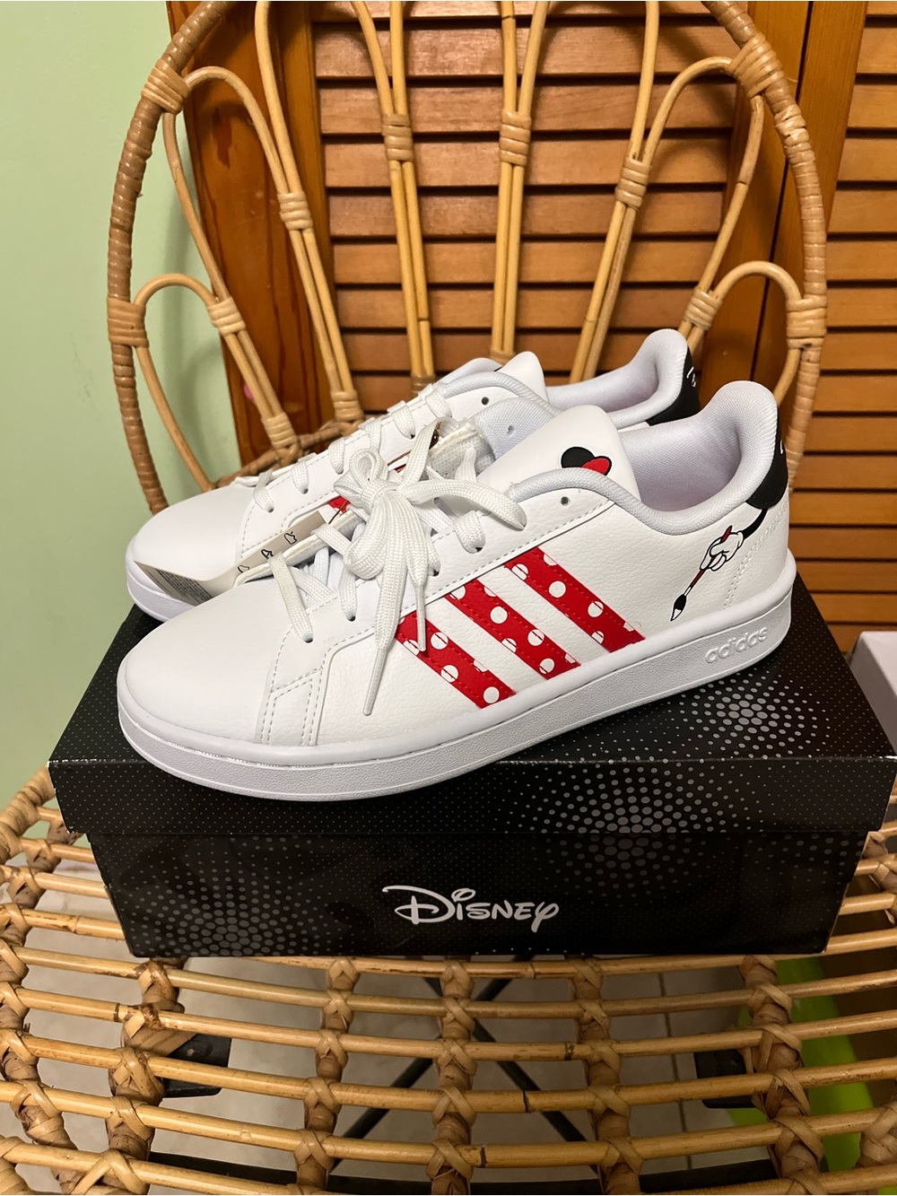 Adidas Disney White Sneakers with Red Polka Dot Stripes